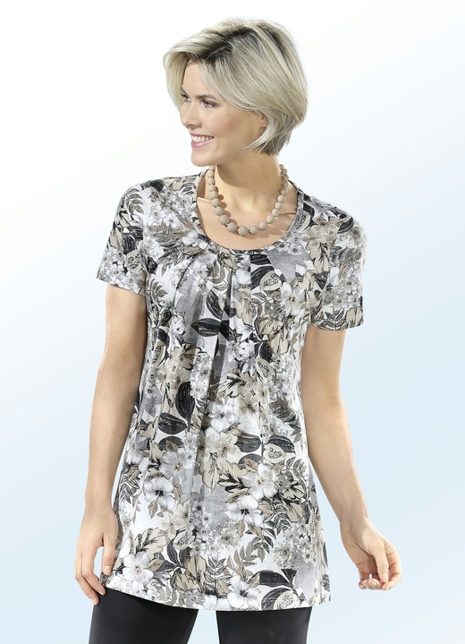 Damenmode - Longshirt mit Plättchenzier am runden Halsausschnitt, in Größe 038 bis 056, in Farbe CAMEL-WEISS