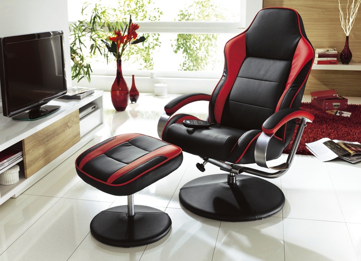- Relax-Sessel mit Hocker, in Farbe SCHWARZ-ROT, in Ausführung mit Massagefunktion