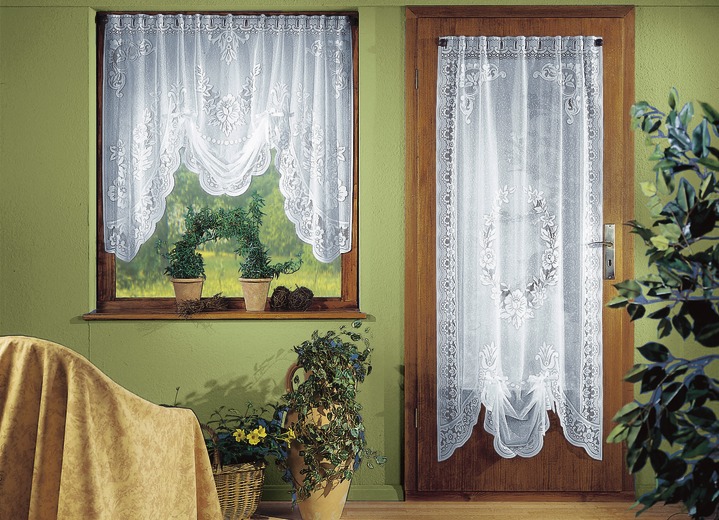 Klassisch - Fensterdekoration mit Stangendurchzug, in Größe 022 (Store, M-Form H100xB120 cm) bis 172 (Tür-Store, H180xB 90 cm), in Farbe WEISS