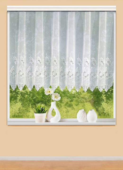 Klassisch - Store mit Plauener Stickerei, in Größe 050 (90x300 cm) bis 161 (175x600 cm), in Farbe WEISS Ansicht 1