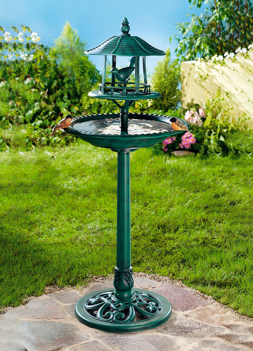 Gartendekoration - Vogelbad mit überdachtem Futterbehälter, in Farbe GRÜN, in Ausführung Ohne Beleuchtung Ansicht 1