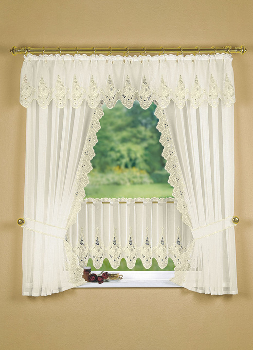Landhaus & Küche - Fensterdekoration mit aufwendiger Plauener Stickerei, in Größe 320 (Seitenschal-Garnitur, H100xB70 cm) bis 783 (Kurzstore, H44xB300 cm), in Farbe CREME Ansicht 1