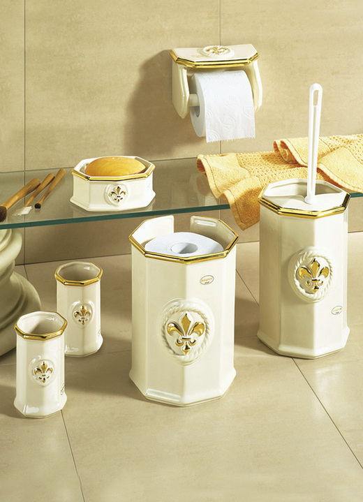 Accessoires - Handbemalte Badezimmeraccessoires aus glasierter Keramik, in Farbe CREME-GOLD, in Ausführung Seifenspender Ansicht 1