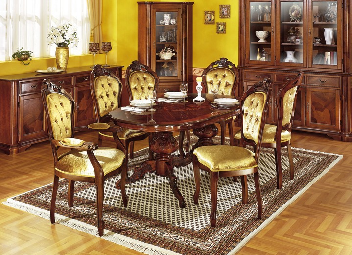 Tische - Herrlicher Esstisch mit wertvollen Intarsien, in Farbe NUSSBAUM, in Ausführung fest
