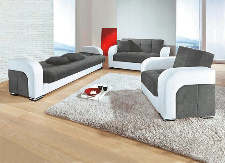 Polstermöbel - Funktions-Polstermöbel aus hochwertigem Kunstleder, in Farbe WEISS-GRAU, in Ausführung Polstergruppe, 3-teilig Ansicht 1