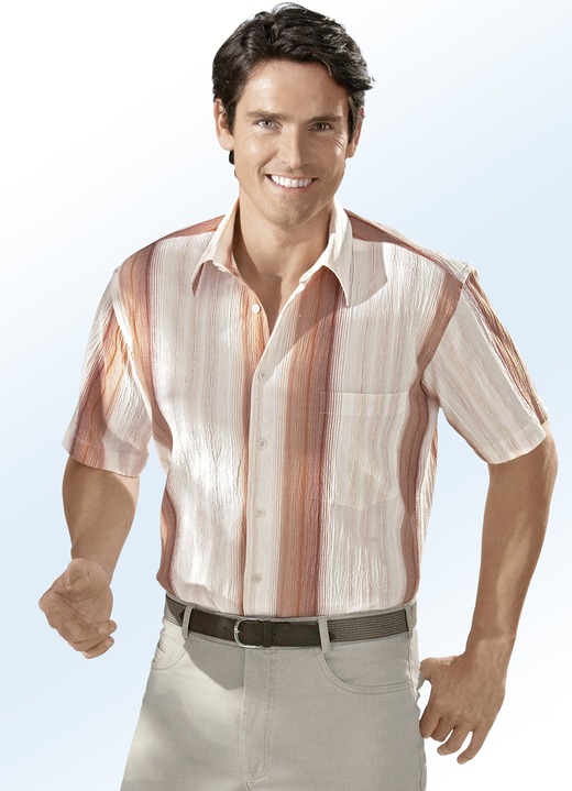 Hemden, Pullover & Shirts - Seersucker Hemd mit schönem Streifen-Dessin, in Größe 3XL (47/48) bis XXL (45/46), in Farbe ECRU-LACHS-APRICOT-TERRAKOTTA GESTREIFT