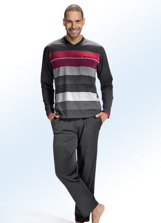 Hajo Klima Komfort Schlafanzug mit V-Ausschnitt und garngefärbtem Ringel