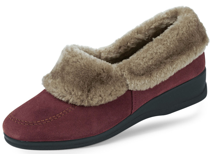 Hausschuhe - ELENA EDEN Hausschuh mit echtem Lammfellfutter, in Größe 036 bis 043, in Farbe BORDEAUX-TAUPE Ansicht 1