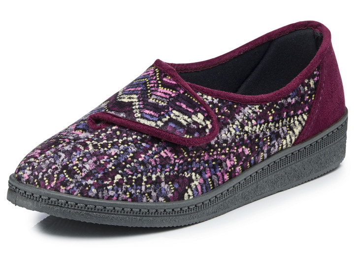 Hausschuhe - Klassische Damen-Hausschuhe, Weite H, mit Klettverschluss, in Größe 036 bis 042, in Farbe BORDEAUX-MULTICOLOR Ansicht 1