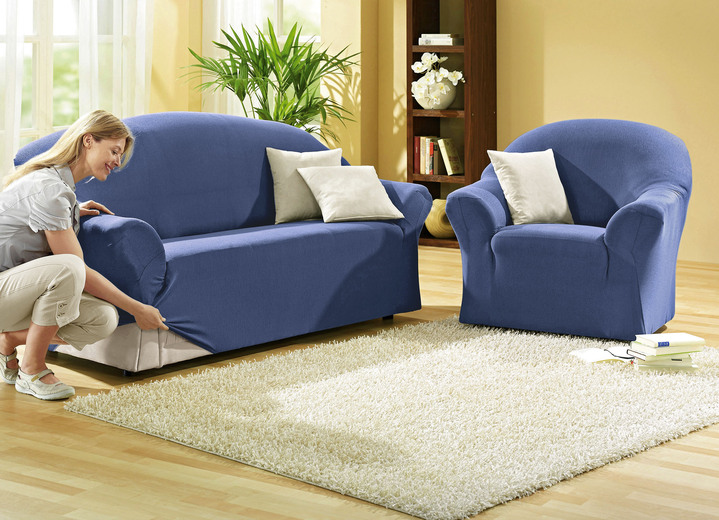 Sessel- & Sofaüberwürfe - Leicht melierte Stretchbezüge für Sessel und Sofa, in Größe 101 (Sessel-Bezug) bis 108 (Hocker-Bezug), in Farbe BLAU Ansicht 1