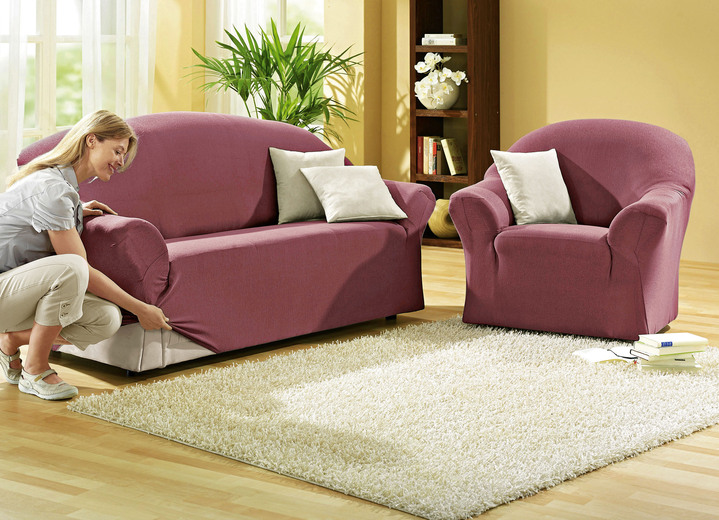 Sessel- & Sofaüberwürfe - Leicht melierte Stretchbezüge für Sessel und Sofa, in Größe 101 (Sessel-Bezug) bis 108 (Hocker-Bezug), in Farbe BORDEAUX Ansicht 1