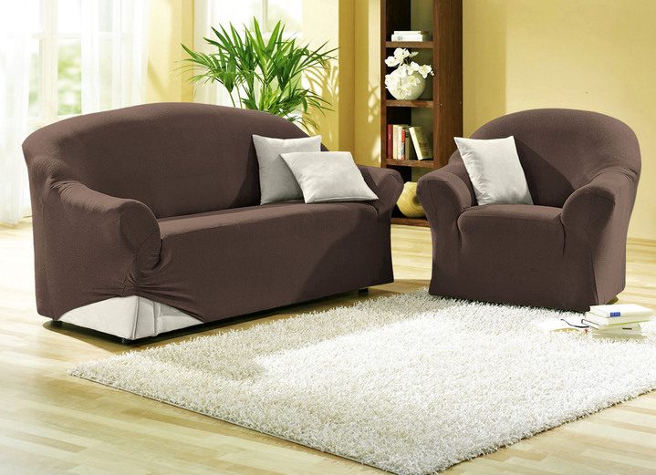 Sessel- & Sofaüberwürfe - Leicht melierte Stretchbezüge für Sessel und Sofa, in Größe 101 (Sessel-Bezug) bis 108 (Hocker-Bezug), in Farbe BRAUN Ansicht 1