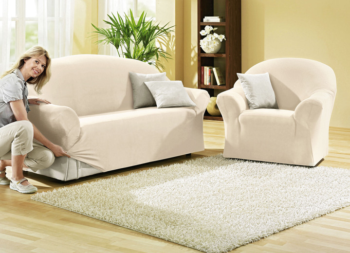 Sessel- & Sofaüberwürfe - Leicht melierte Stretchbezüge für Sessel und Sofa, in Größe 101 (Sessel-Bezug) bis 108 (Hocker-Bezug), in Farbe NATUR Ansicht 1