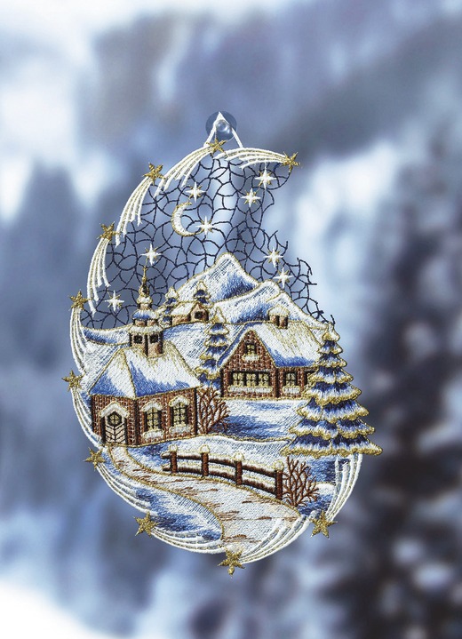 - Fensterbild Schnee-Landschaft aus echter Plauener Spitze, in Farbe WEISS-BRAUN