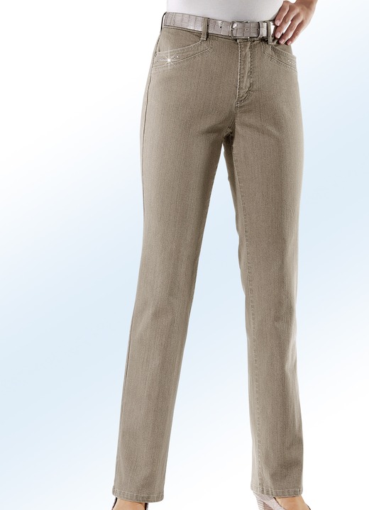 Jeans - Komfortjeans verziert mit Strasssteinen in 6 Farben, in Größe 018 bis 054, in Farbe CAMEL Ansicht 1