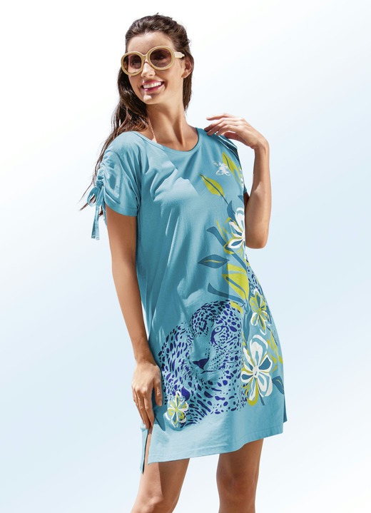 Strandmode - Longshirt mit kurzen Ärmeln und platziertem Druckdessin , in Größe 038 bis 048, in Farbe TÜRKIS-BUNT