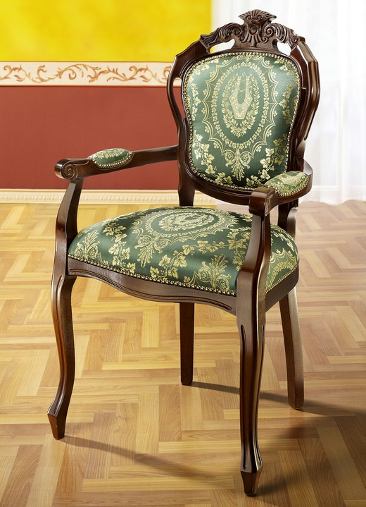 Stilmöbel - Stühle mit Schnitzereien und massivem Buchenholzgestell, in Farbe DUNKELGRÜN, in Ausführung Armlehnenstuhl Ansicht 1
