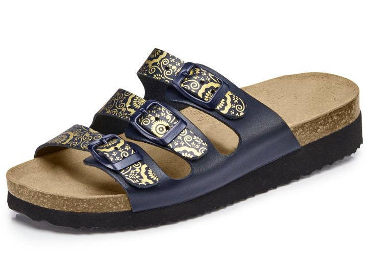 Komfortschuhe - Klassische Damen-Pantoletten, mit verstellbaren Spangen, in Größe 036 bis 042, in Farbe MARINE-GOLD Ansicht 1