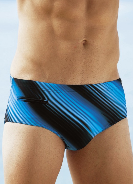 Bademode - Badehose in Slipform mit Reißverschlusstasche, in Größe 004 bis 010, in Farbe BLAU-SCHWARZ