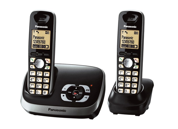 - Einfach zu bedienendes Panasonic Großtasten-Telefon, in Farbe SCHWARZ, in Ausführung Großtasten-Telefon mit AB und zusätzlichem Mobilteil