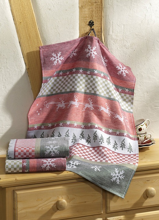 Geschenkideen - Geschirrtücher, 3er-Set, mit Hirschmotiven, in Farbe WEISS/ROT