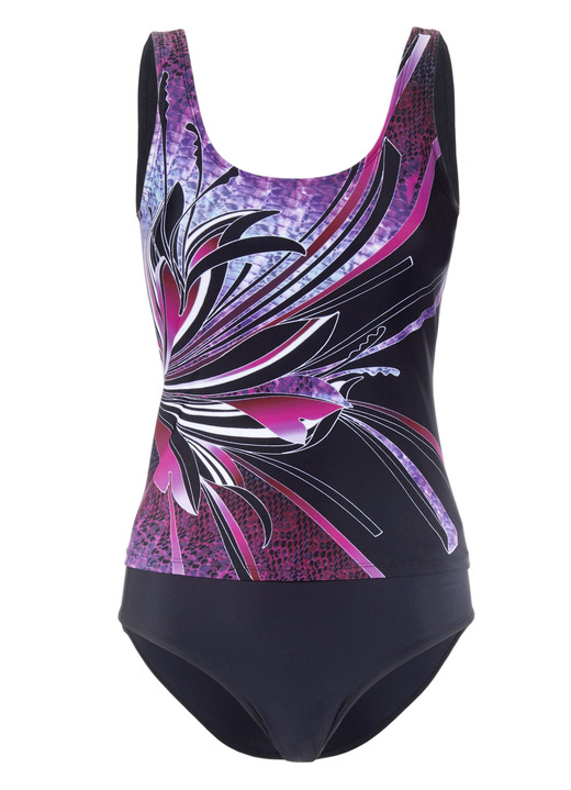 Bademode - Tankini mit platziertem Druckdessin und Softschalen, in Größe 038 bis 052, in Cup B, in Farbe SCHWARZ-BEERE Ansicht 1
