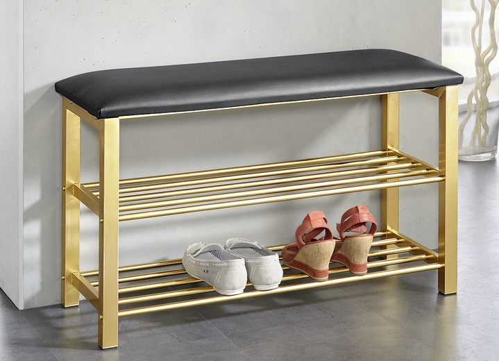 Garderobenmöbel - Schuhregal-Sitzbank aus Metall, in Farbe MESSING-SCHWARZ, in Ausführung Für 10 Paar Schuhe