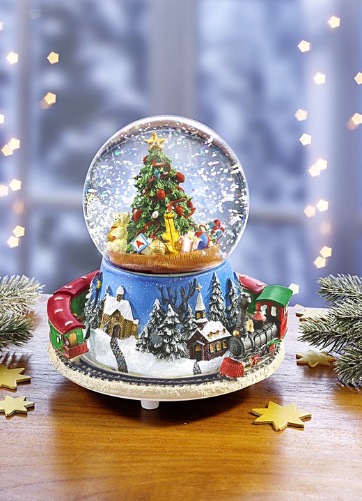 Weihnachtliche Dekorationen - Schneekugel mit Melodie und fahrender Eisenbahn, in Farbe BLAU