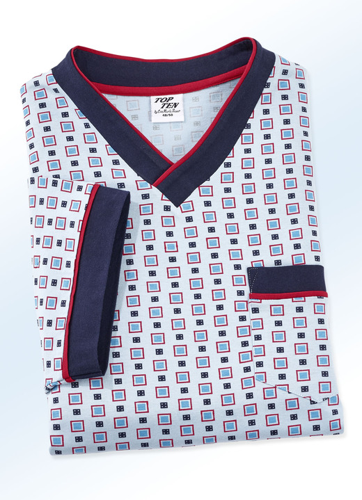 Nachtwäsche - Nachthemd, kurzarm, mit schönem Alloverdessin, V-Ausschnitt und Seitenschlitzen, in Größe 048 bis 066, in Farbe HELLBLAU-BUNT Ansicht 1