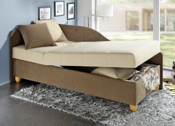 Schlafsofas - Komfort-Studioliege auf massiven Holzfüßen, in Farbe BRAUN-BEIGE, in Ausführung mit 3 Kissen Ansicht 1
