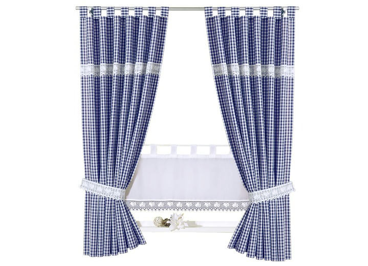 Landhaus & Küche - Übergardine mit Häkelborte, in Größe 340 (H125xB 65 cm) bis 899 (1 Raffhalter, 60 cm), in Farbe BLAU-WEISS, in Ausführung Mit Schlaufen Ansicht 1