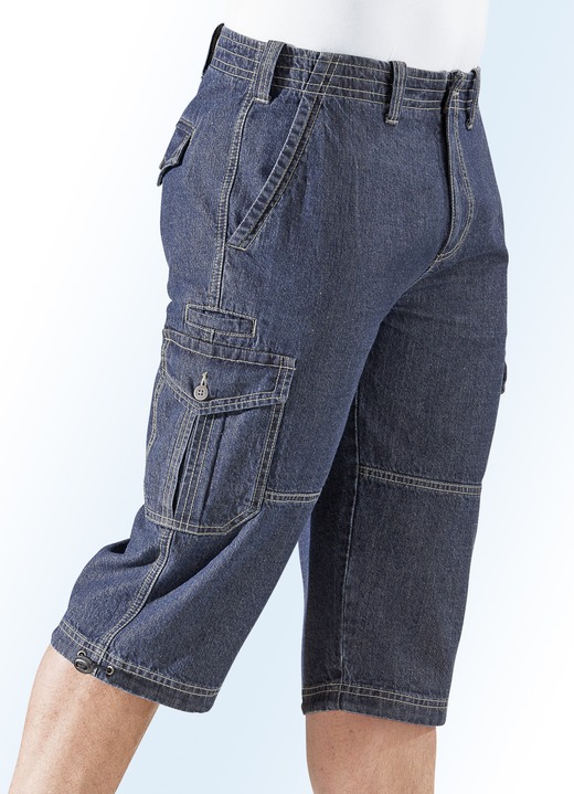 Hosen - Jeans-Bermudas mit Cargotaschen in 3 Farben, in Größe 024 bis 060, in Farbe JEANSBLAU Ansicht 1