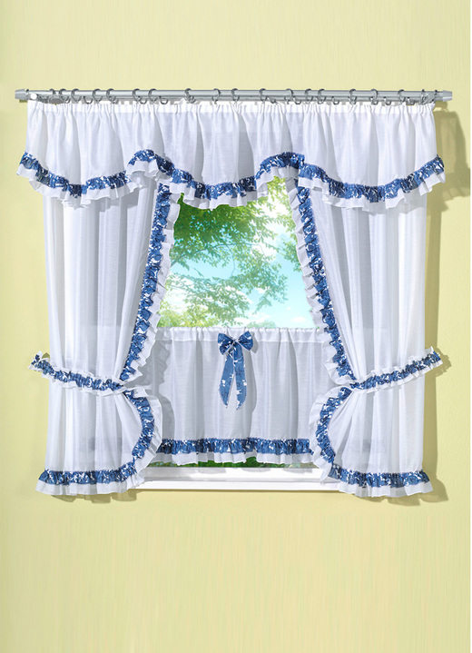 - Fensterdekoration in verschiedenen Farben, in Größe 827 (Querbehang, H35xB150 cm) bis 838 (Querbehang, H35xB350 cm), in Farbe WEISS-BLAU
