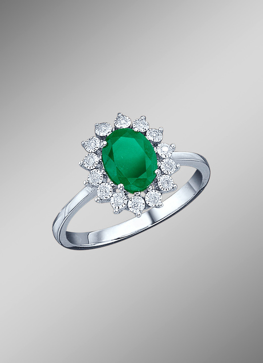 mit Edelsteinen - Majestätischer Damenring mit Diamanten und echt Smaragd, in Größe 160 bis 220, in Farbe