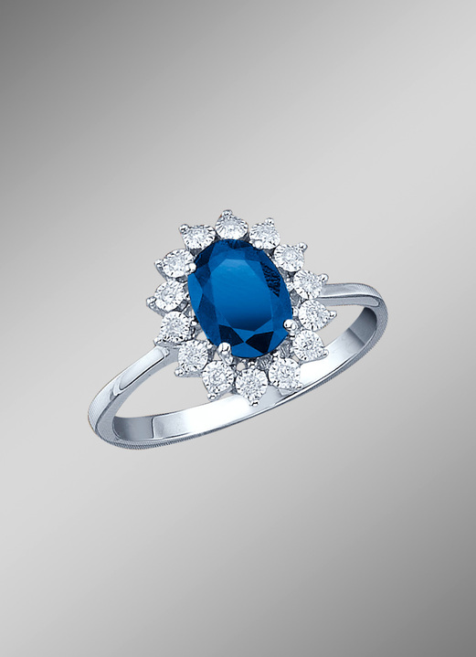 mit Edelsteinen - Majestätischer Damenring mit Diamanten und echt Safir, in Größe 160 bis 220, in Farbe