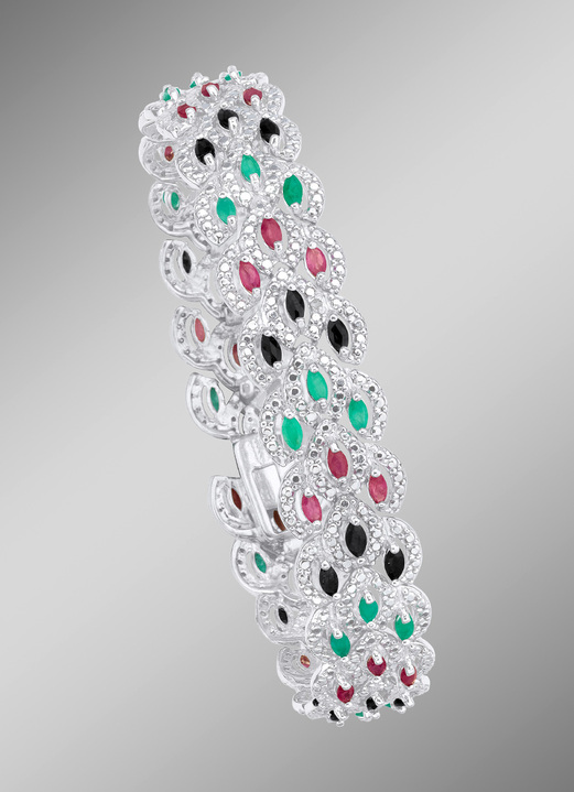 Halsketten & Armbänder - Armband mit Rubinen, Smaragden und schwarzen Safiren, in Farbe