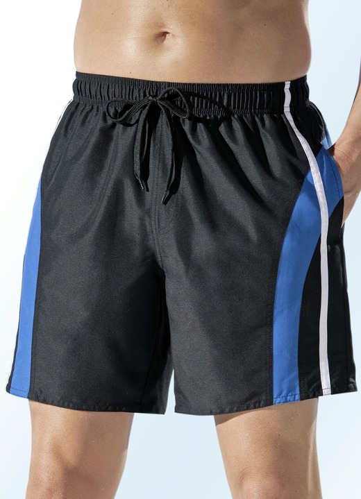 - Badeshorts mit Einsätzen und Paspelierungen, Microfaser, in Größe 005 bis 011, in Farbe SCHWARZ-BLAU