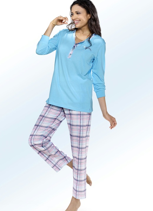 - Schlafanzug, Langarm mit Knopfleiste und Karodessin, in Größe 036 bis 056, in Farbe TÜRKIS-BUNT Ansicht 1