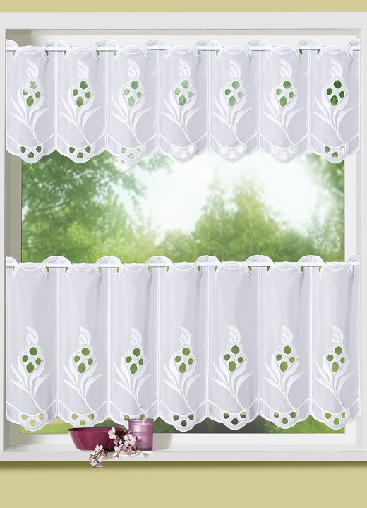 Landhaus & Küche - Kurzstore mit echter Plauener Stickerei, in Größe 823 (35x120 cm) bis 834 (50x300 cm), in Farbe WEISS Ansicht 1