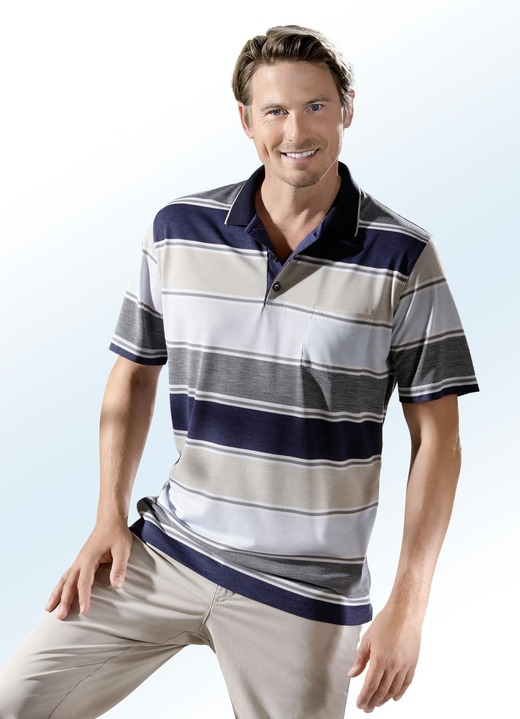 Hemden, Pullover & Shirts - Poloshirt mit kurzer Knopfleiste , in Größe 046 bis 062, in Farbe MARINE-SAND-BLEU