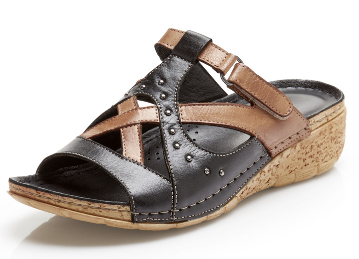 Komfortschuhe - Gemini Pantolette mit Nietenzier, in Größe 037 bis 041, in Farbe SCHWARZ-COGNAC Ansicht 1