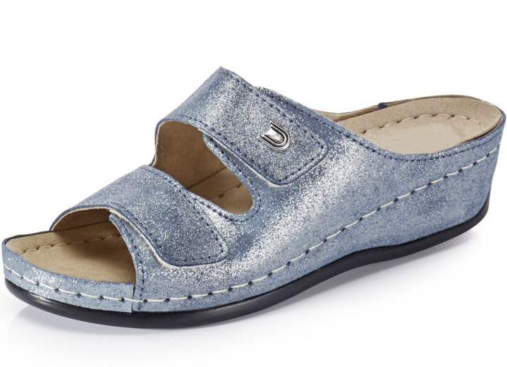 Komfortschuhe - Bequeme Damen-Pantoletten, Weite G, mit Klettverschluss, in Größe 036 bis 042, in Farbe JEANS Ansicht 1