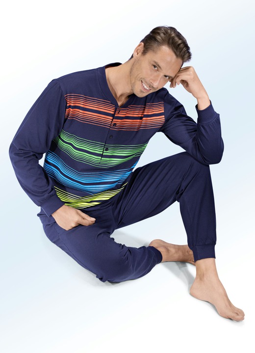 Nachtwäsche - Schlafanzug, langarm mit Knopfleiste, Ärmel- und Beinbündchen, in Größe 046 bis 062, in Farbe MARINE-BUNT