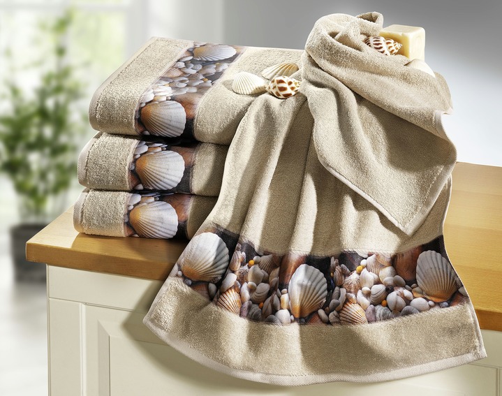 Handtücher - Frottier-Serie mit Muschel-Motiv, in Größe 200 (1 Handtuch, 50x100 cm) bis 205 (5-teiliges Sparset), in Farbe BEIGE