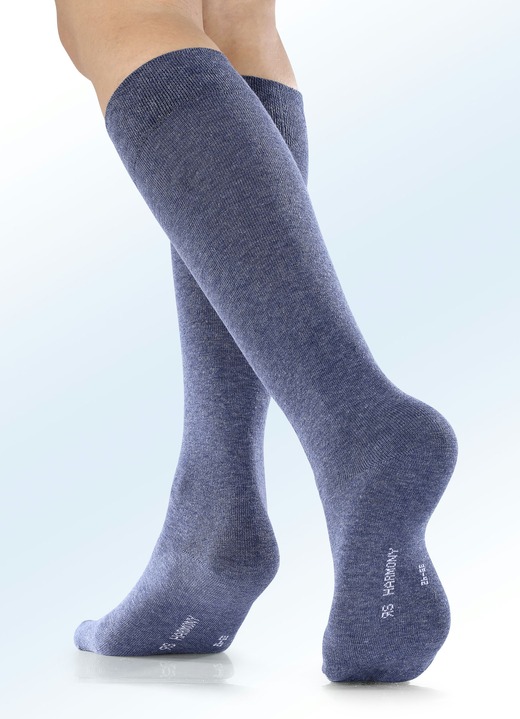 Strümpfe - Sechserpack Kniestrümpfe mit Komfortbund, in Größe 1 (Schuhgr. 35-38) bis 3 (Schuhgr. 43-46), in Farbe 2X JEANSBLAU MELIERT, 2X INDIGOBLAU MELIERT, 2X NACHTBLAU Ansicht 1