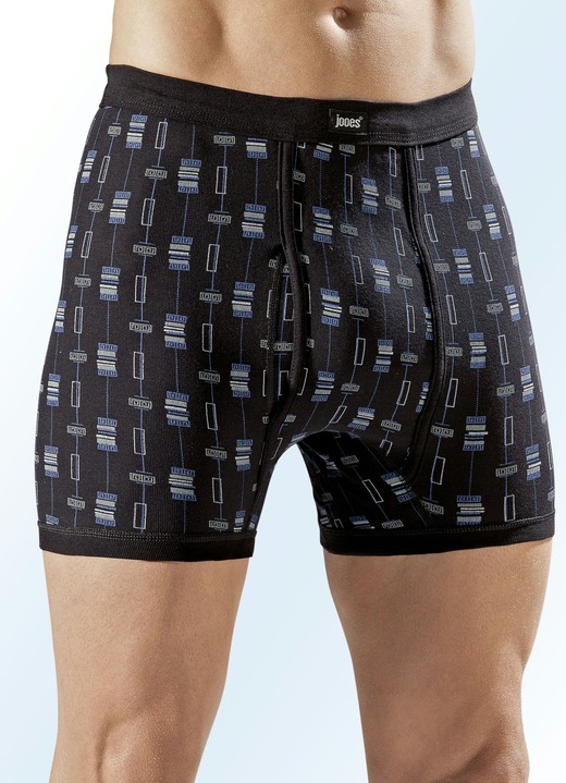 Unterwäsche - Viererpack Unterhosen mit paspeliertem Eingriff, allover dessiniert, in Größe 005 bis 014, in Farbe 2X SCHWARZ-BUNT, 2X MARINE-BUNT