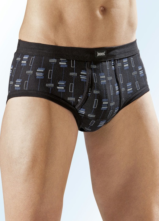 Unterwäsche - Viererpack Slips mit paspeliertem Eingriff, allover dessiniert, in Größe 005 bis 014, in Farbe 2X SCHWARZ-BUNT, 2X MARINE-BUNT