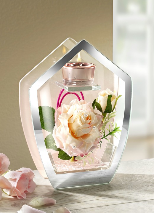 - Teelichthalter aus Glas mit Rose im Inneren, in Farbe ROSA