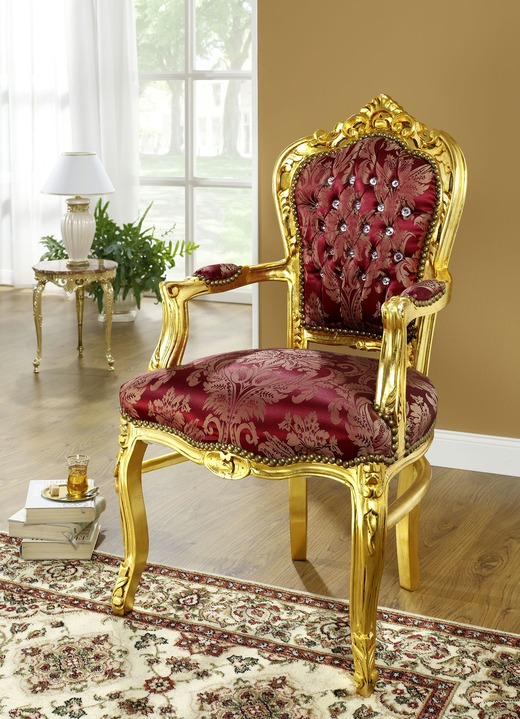 - Armlehnenstuhl aus Holz mit Blattgoldauflage, in Farbe GOLD-ROT