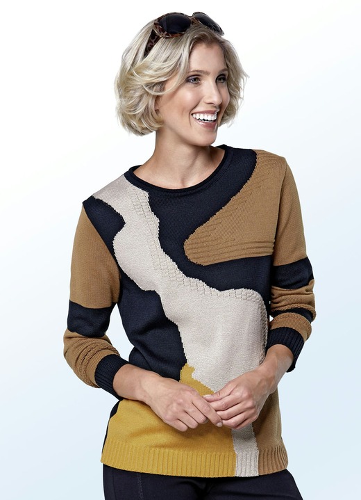 - Pullover mit Baumwolle und dezenten Strukturen, in Größe 036 bis 050, in Farbe SCHWARZ-KIESEL-KARAMELL-SAFRAN